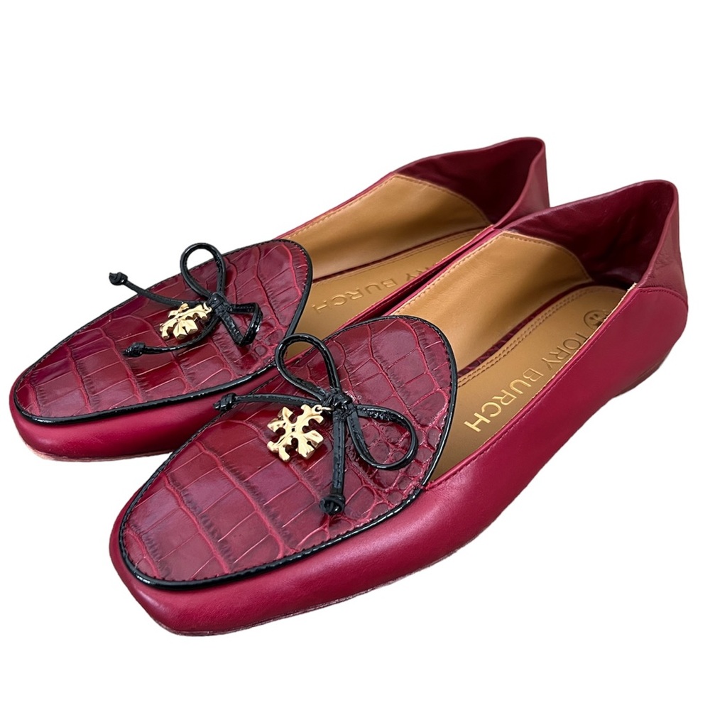 Tory Burch Croc Embossed Charm Loafers Mule Flats Red Women’s Size 6.5 Step Down